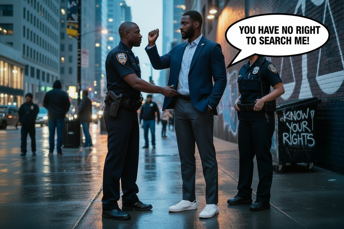 Citizen with speech bubble on right, female cop moved right