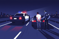 Illustration of a traffic stop at night with a driver in handcuffs beside their car and police lights flashing