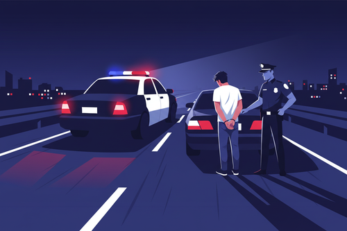 Illustration of a traffic stop at night with a driver in handcuffs beside their car and police lights flashing